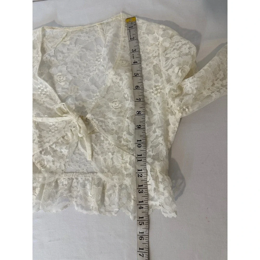 Vintage Style Cream Floral Lace Crop Shrug Bolero Tie Front Ruffle Trim Ivory XS